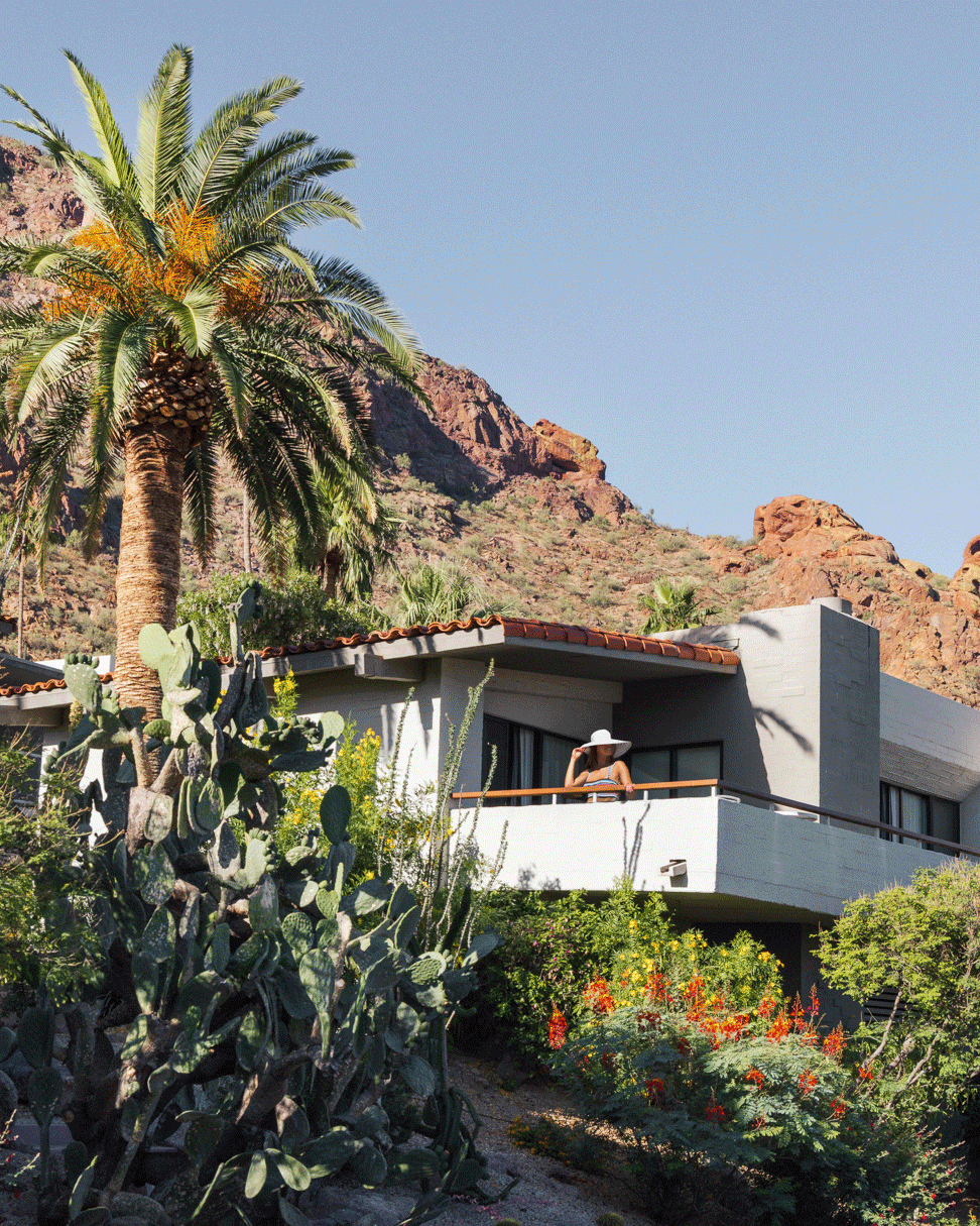 Rotating .gif of woman on balcony of mountain suite, interior of mountain suite living room, and two women laughing by the infinity pool.