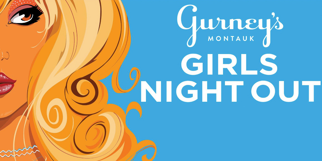 Cartoon illustration profile of woman with blond hair with text "Gurney's Montauk Girl's Night Out".