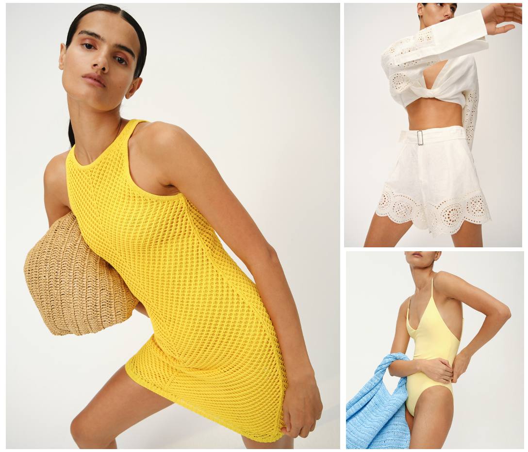 Collage including A.L.C. brand yellow knit dress, white crop top and skirt and yellow one-piece bathing suite accessorized with blue knit bag. 