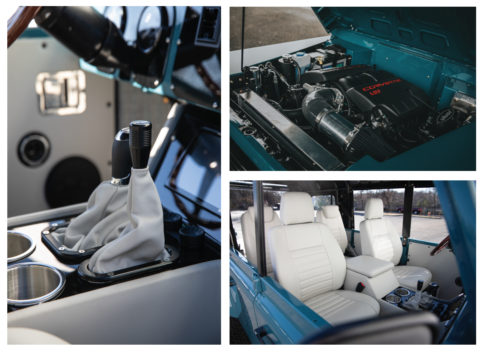 Collage of Blackbridge Motors Mark IV, drive shaft, engine and white leather interior.