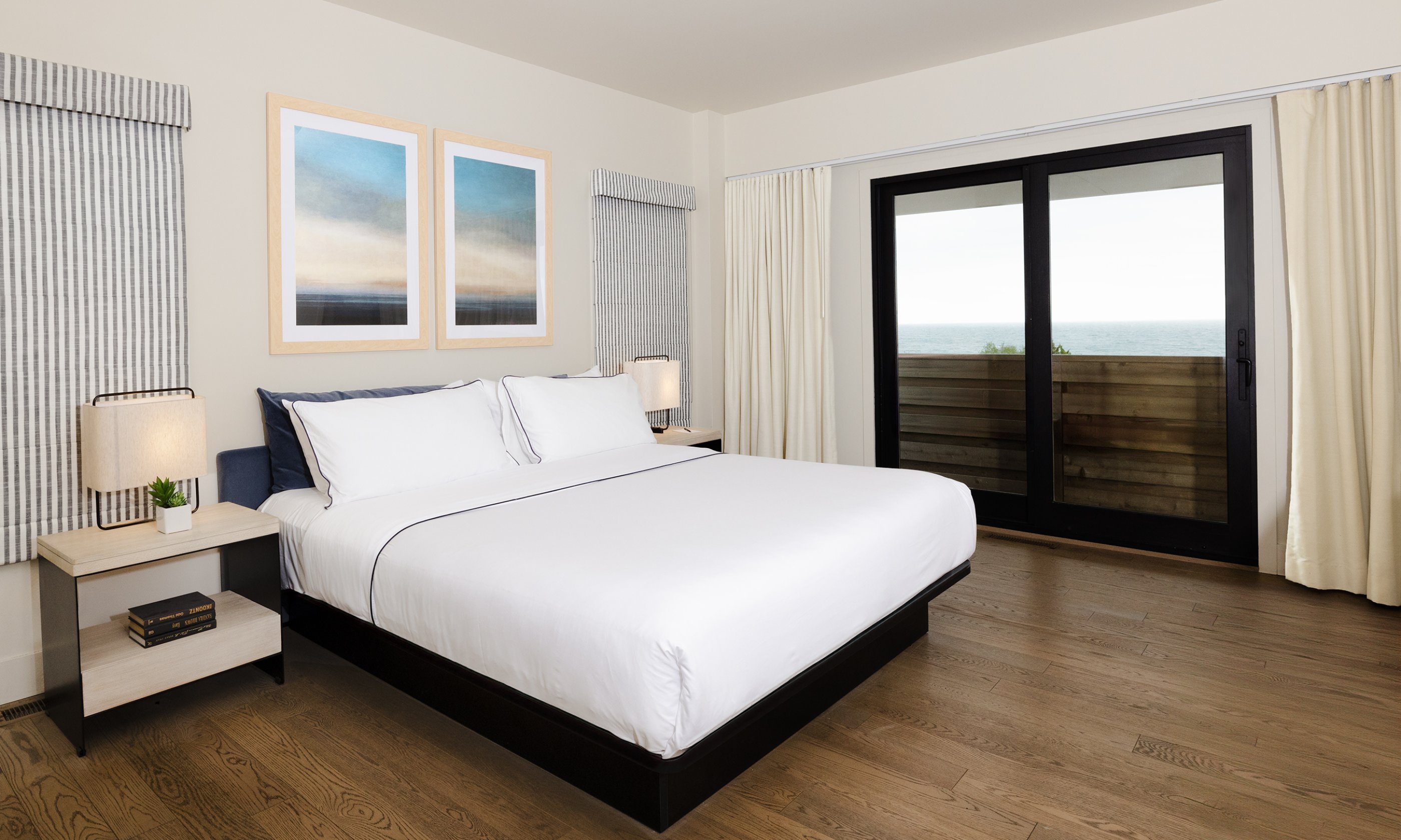The master bedroom in the Two Bedroom Partial Ocean View Suite at Gurney's Montauk Resort