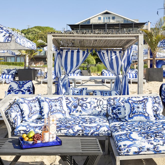 A cabana at Gurney's Montauk Beach Club decorated with Dolce & Gabbana décor 