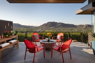 Villa Paz deck with seating area, picnic table and stunning valley view.